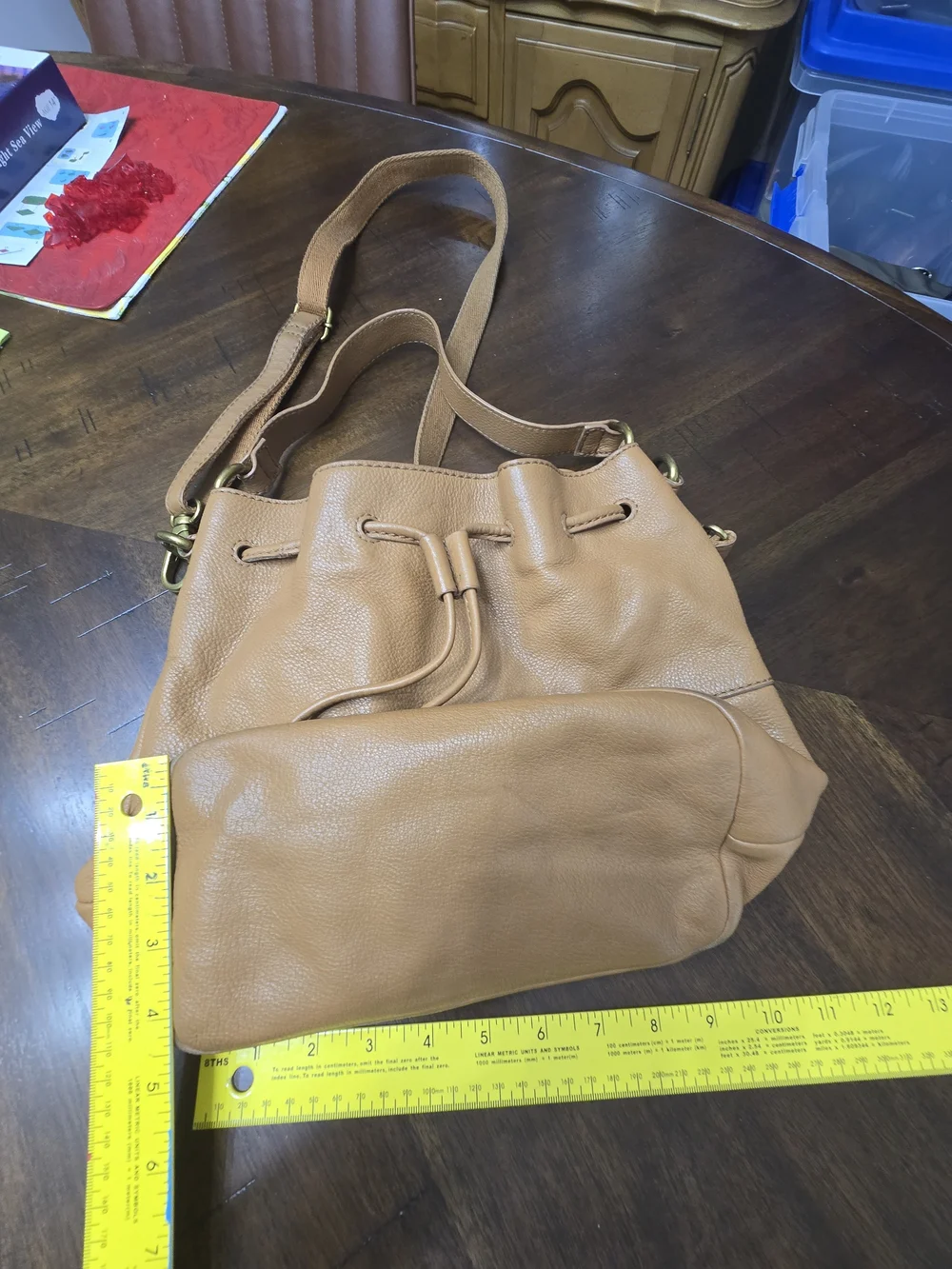 Fossil Cognac Leather Drawstring Hobo Bag with Gold Hardware